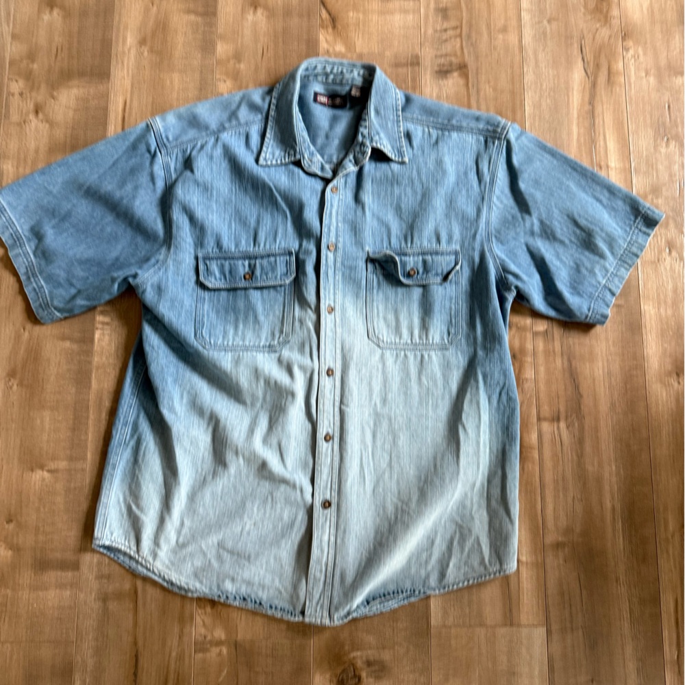 Vintage Faded Glory Denim Button Up Shirt Men Large Chambray Blue Ombre‎ Fade